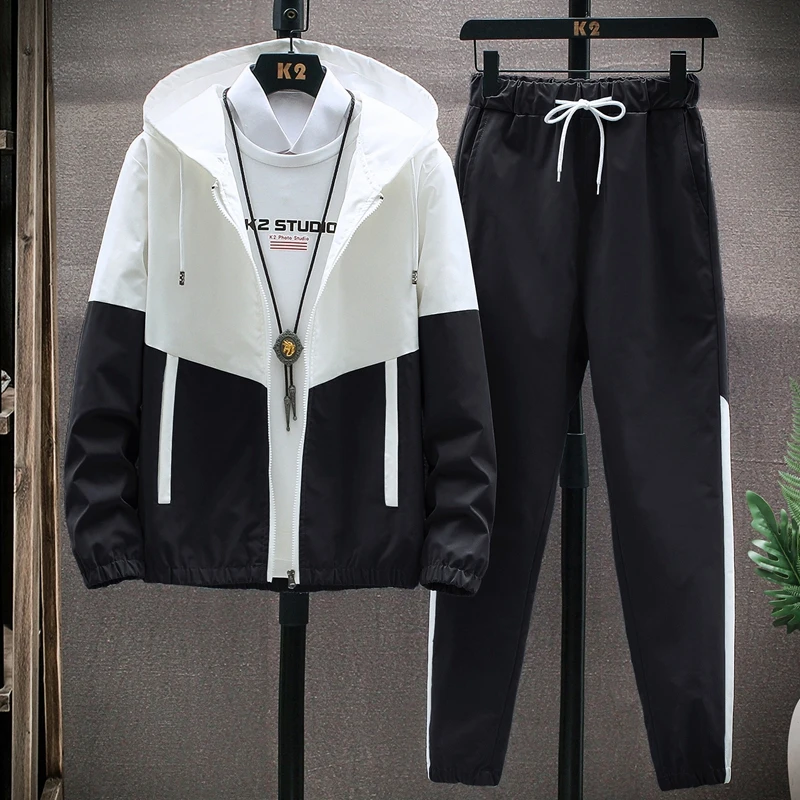 

Men Tracksuit Casual Hoodies Sets 2021 Spring New Male Jackets+Pants Two Piece Sets Hip Hop Streetwear Sports Suit Patchwork