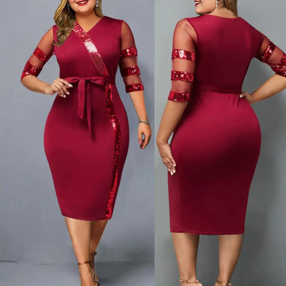 

Women Party Dress 2021 Banquet Dress Sequin V Neck Patchwork Sheath Dress Fade-less Party Dress
