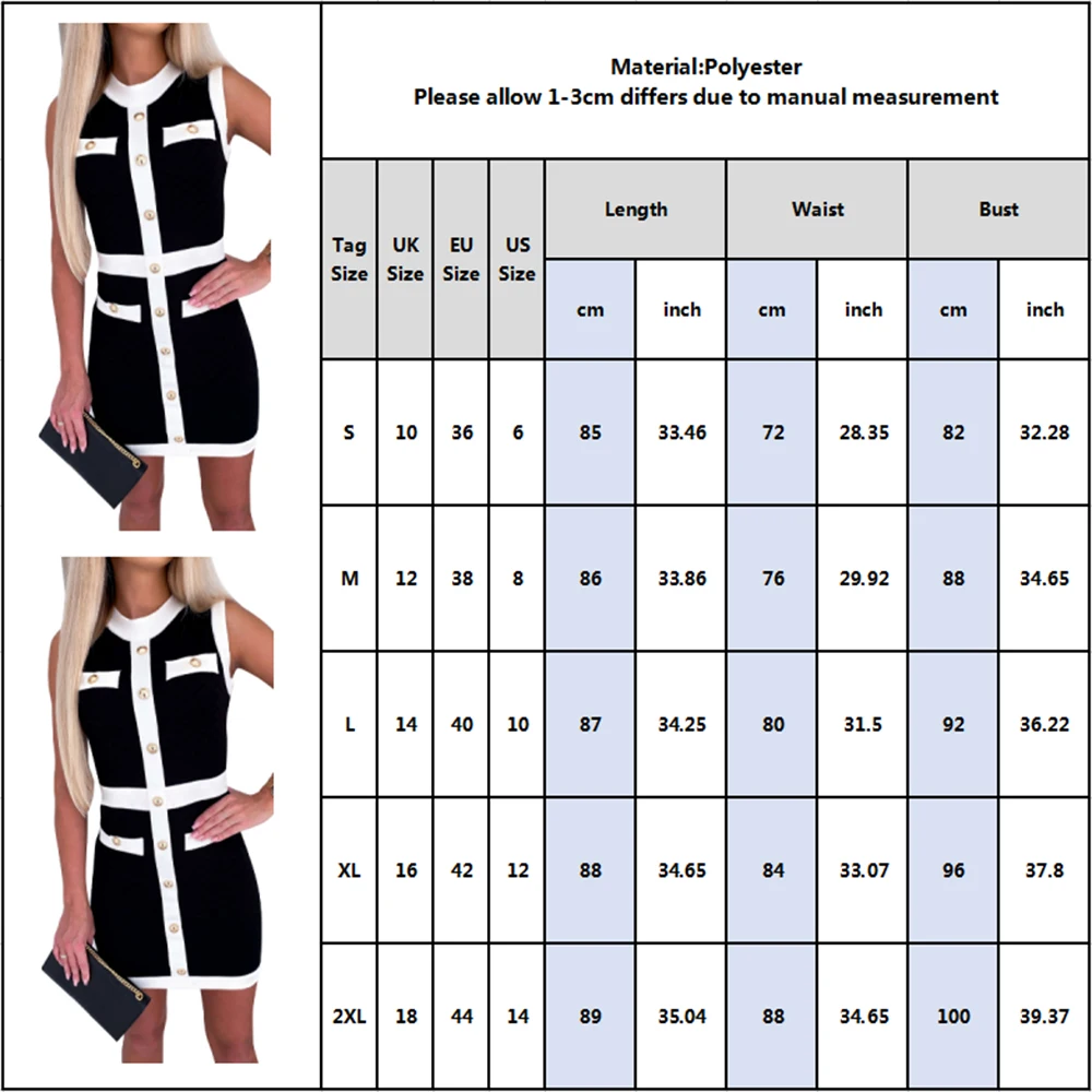 

Women Black And White Contrast Color Sleeveless Dress Female Spring Vintage Button Slim Dresses Sexy Ladies Bodycon Dresses D25