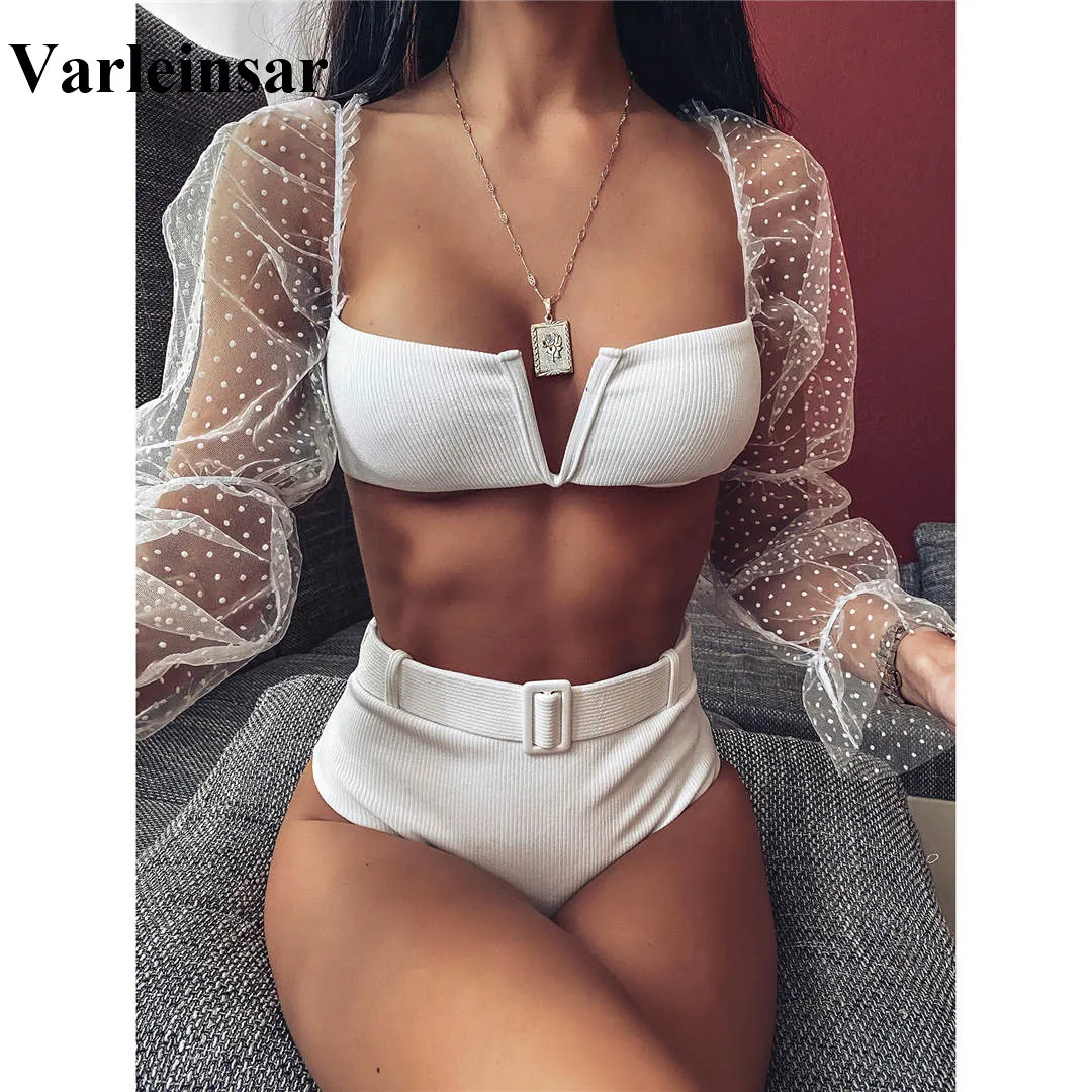 Купальник женский с V образным вырезом пикантный белый сетчатый раздельный