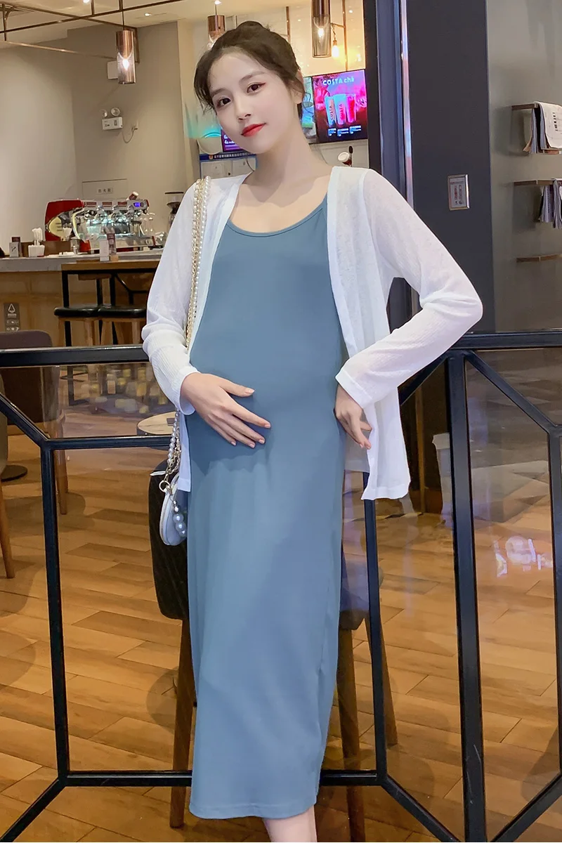 

9001# 2PCS/Sets Summer Cardigan + Sling Knitted Dress Elegant Slim Maternity Clothes for Pregnant Women Pregnancy Clothing