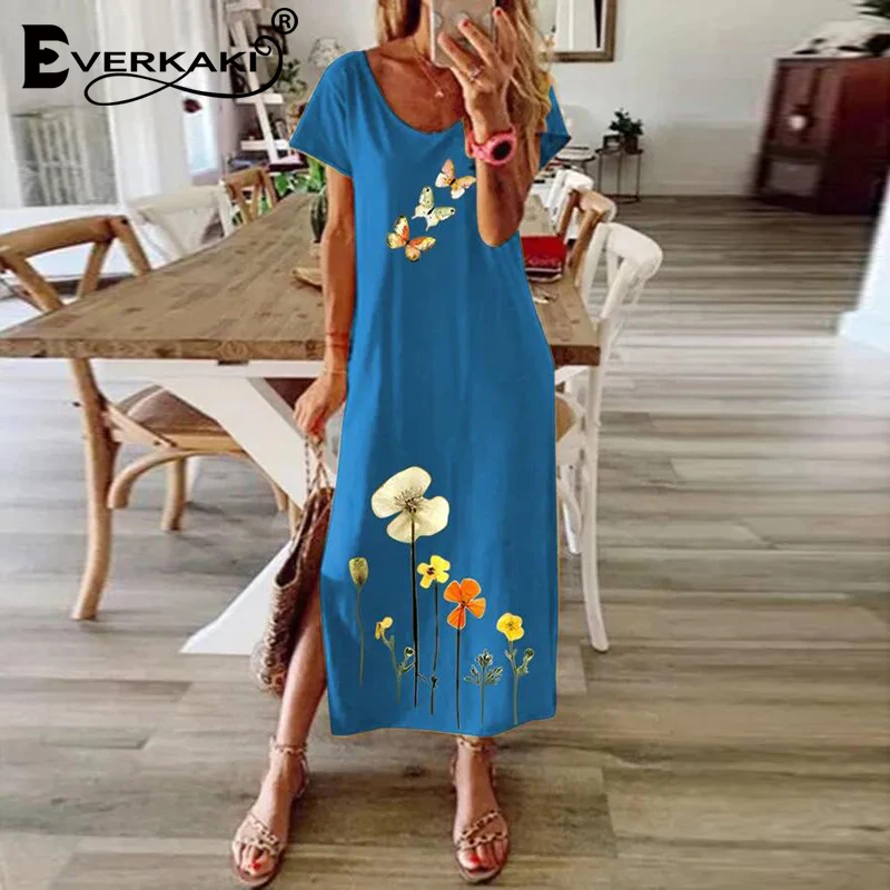 

Everkaki Butterfly Floral Print Maxi Dresses Women Split Boho Summer Beach Sexy Evening Party Oversized Long Dress Female 2021