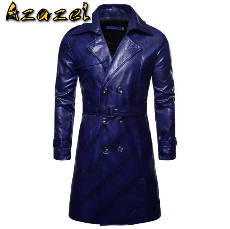 HOT 2020 new European version Men long dark fringe Windbreaker mens Fashion double-breasted personality PU leather jacket coat