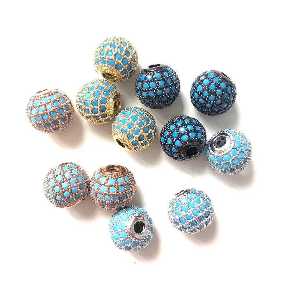 10pcs/Lot 10mm Turquoise Color Disco Ball Spacer Beads for Women Bracelet Making Rhinestone Micro Paved Gold-Plate Brass Jewelry