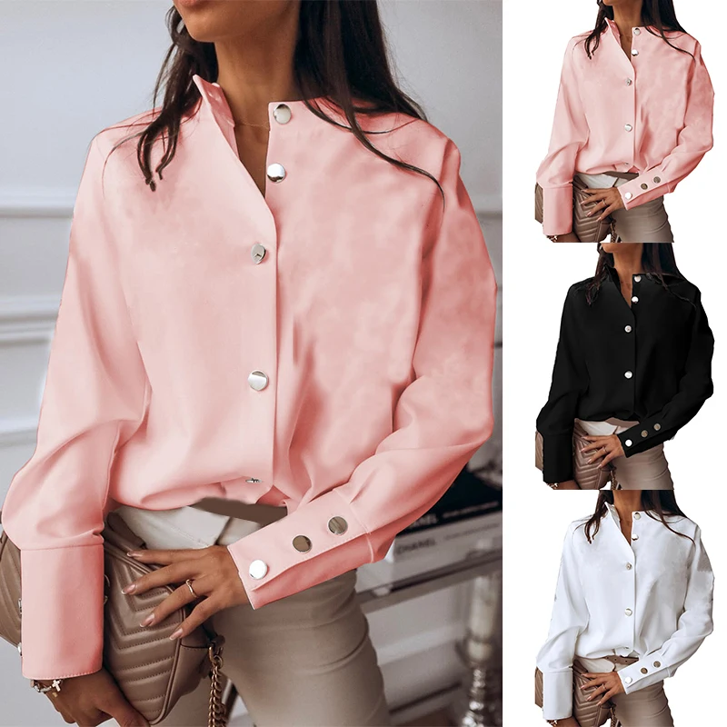 

Women Shirts Tops Autumn Trendy Simple Fashion Long Sleeve Blouses Stand Collar Solid White Black Casual Loose Cardigan Blouse
