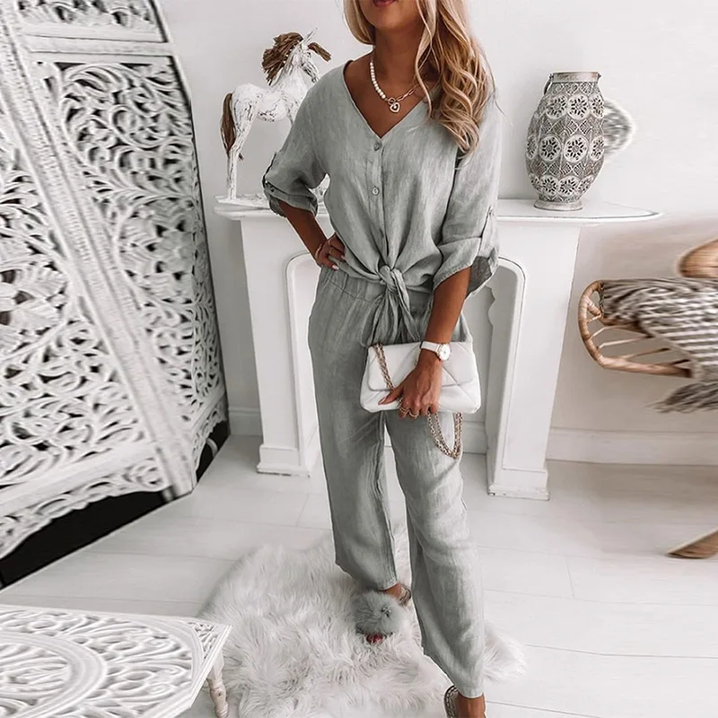 

casual grey suit Women 2021 autumn new cardigan bandage V-neck long sleeve loose top wide leg trouser sets elegant pantsuits