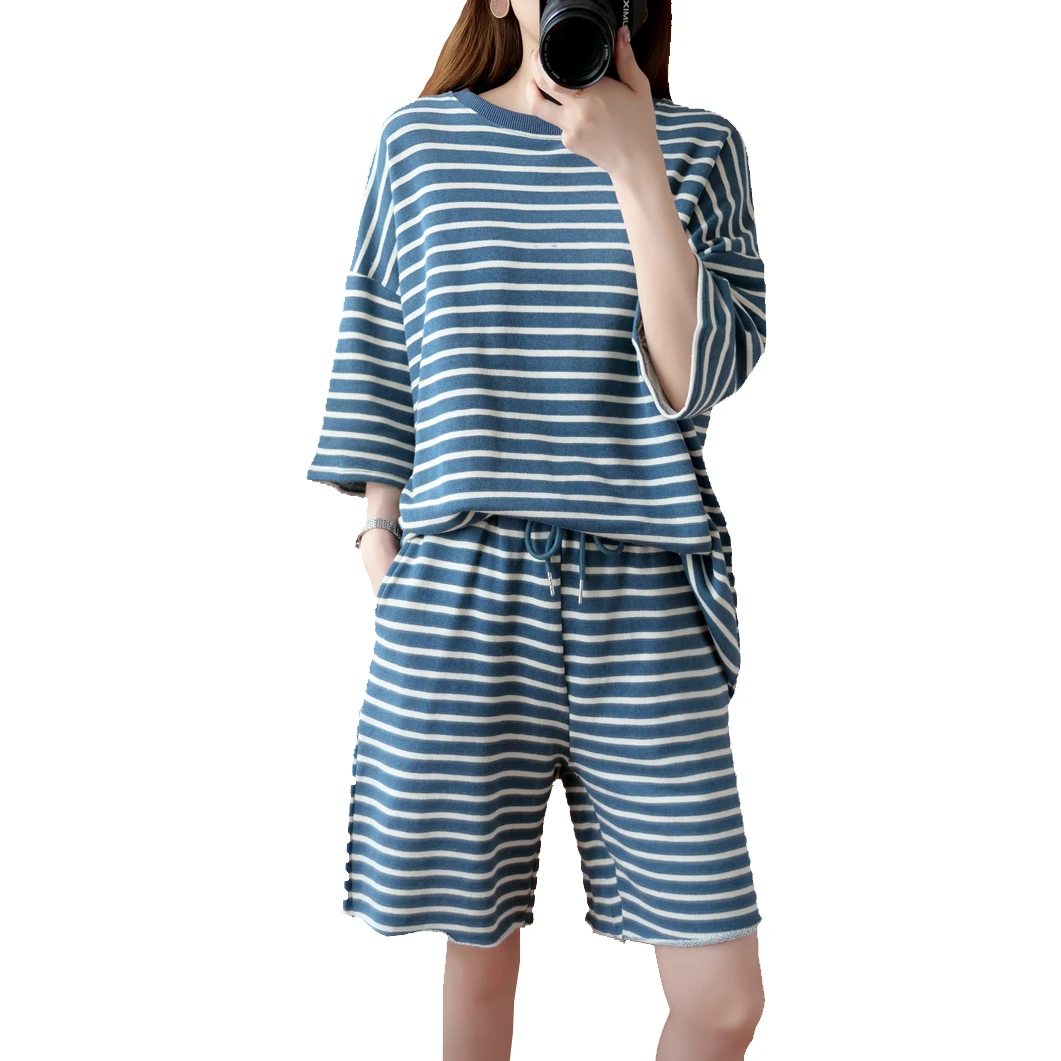 

Two-Piece Suit Literary Fashion Chic Home Plus Size Women Summer Loose Round Neck Half Sleeve Striped Top And Casual Shorts Set