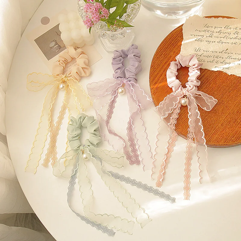 

Korean New Women Girls Lace Pearl Bow Hair Ties Hair Ropes Rubber Band Elegant Bow Ribbon Fashion Hair Ornament Accessories