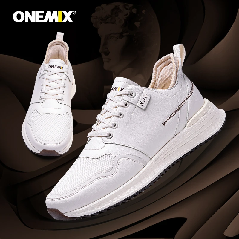 ONEMIX белые кроссовки для мужчин; сезон осень; удобная кожаная обувь для бега на шнуровке; RB подошва; Мужская Спортивная прогулочная обувь
