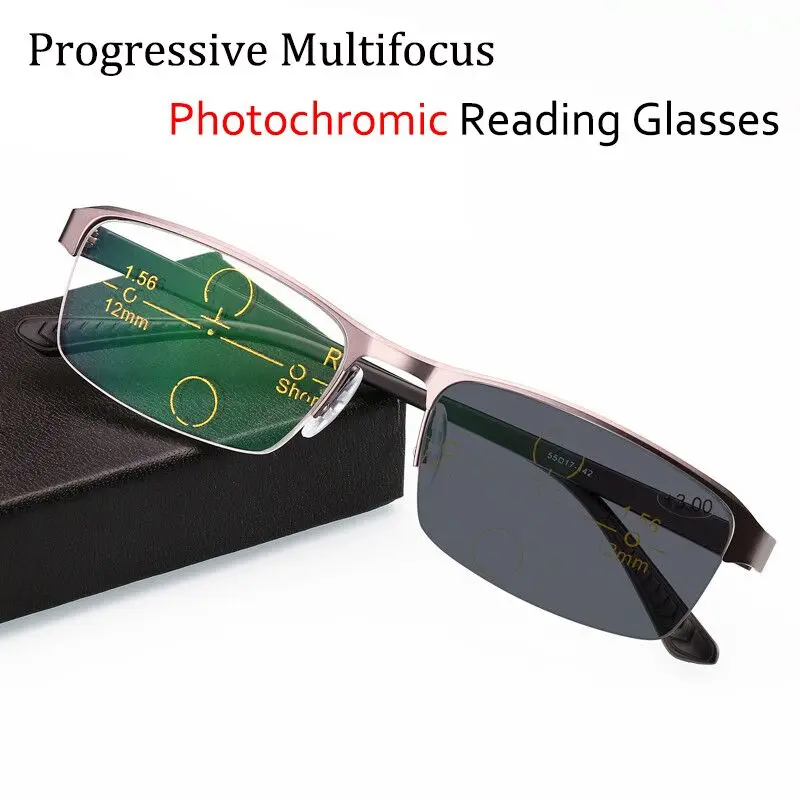 

High Quality Multifocal Photochromic Reading Glasses Men Women Progressive Computer Glasses Half Metal Frame Bifocal Gafas 1.5