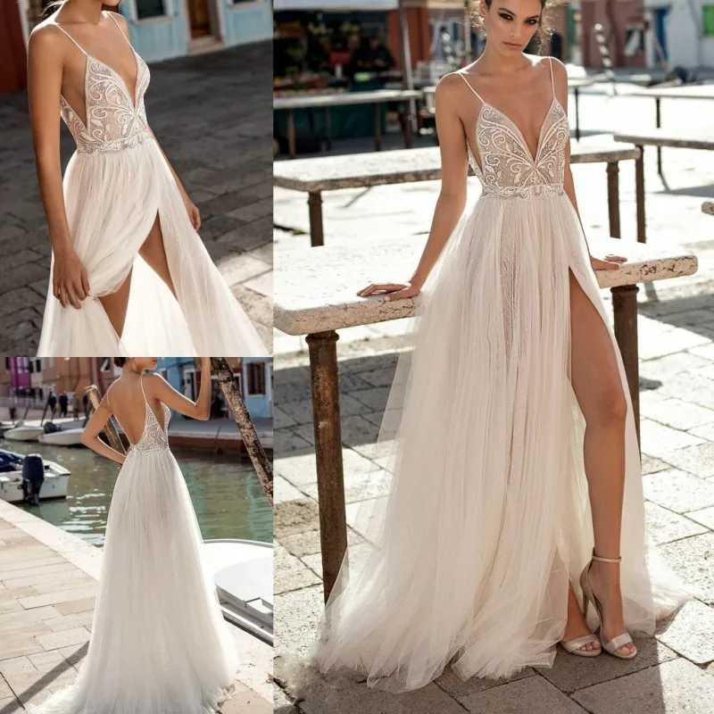 

Beach Wedding Dresses Side Split Spaghetti Sexy Illusion Boho A-Line Wedding Dresses Pearls Backless Bohemian Vestido De Noiva