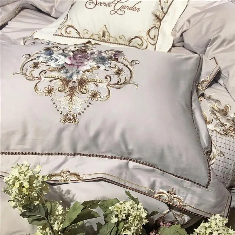 

New Luxury gray egyptian cotton Bedding set queen king size bedsheet/fitted sheet embroidery duvet cover bed set parure de lit