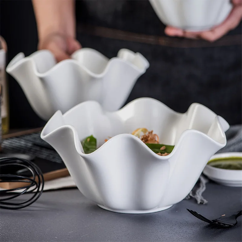 

White Ceramic Irregular Salad Bowl Curling Edge Creative Dinner Plates Fruit Kitchen Decor Dishware Platos De Cena