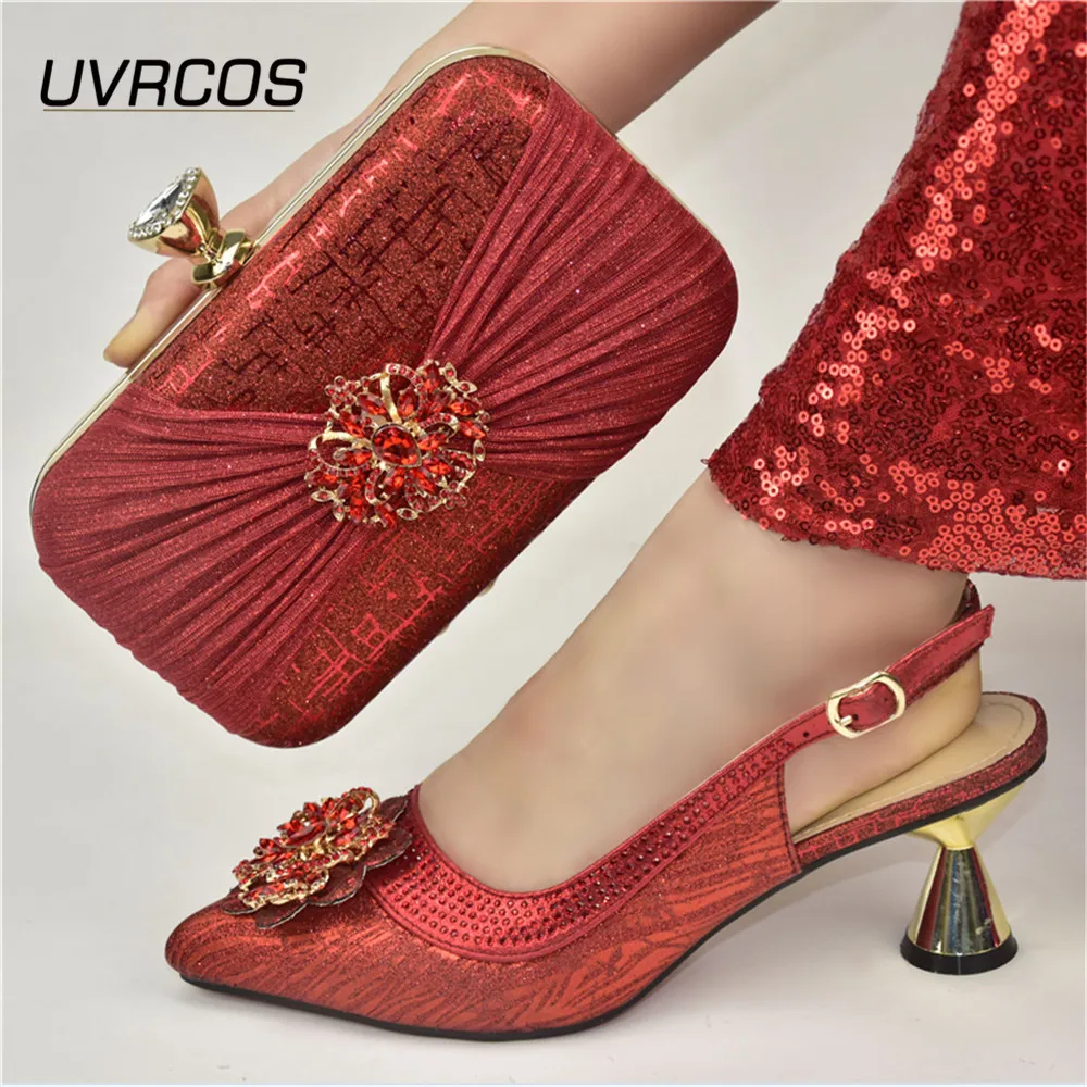 

Italian Design Nigerian Lastest Fashion Colorful Crystal Style Women Shoes and Bag Set With Streamer Modeling in Red Color