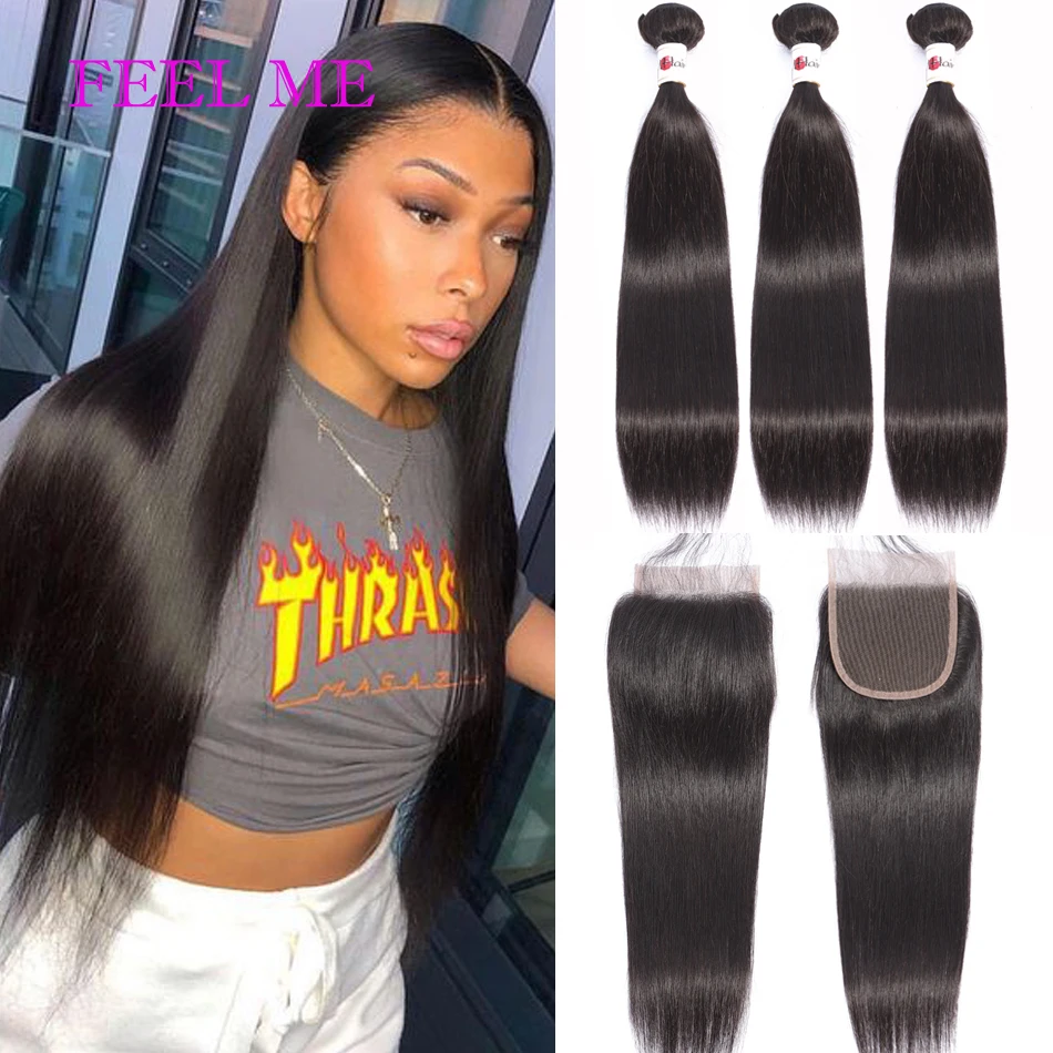 Прямые бразильские волосы пряди с закрытием 4x4 100% человеческие Реми 3/4