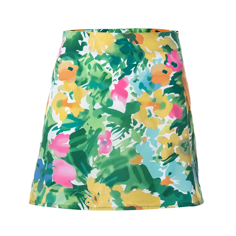 

Shestyle Spring Flower Women Skirts Prairie Style A-Line High Waist Side Zip Floral Printed Green Sweet Summer Mini Bottom