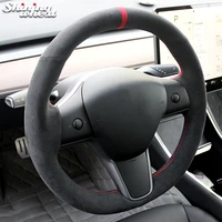 shining wheat black suede hand stitched car steering wheel cover for tesla model 3