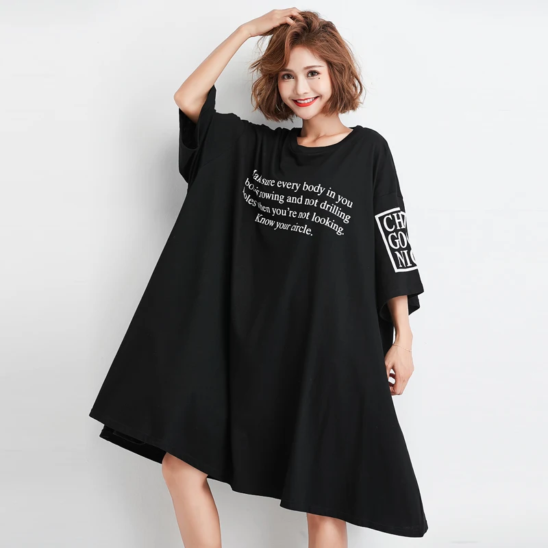 Плюс размер 2019 Женская туника-платье летняя Европейская Повседневная Свободная