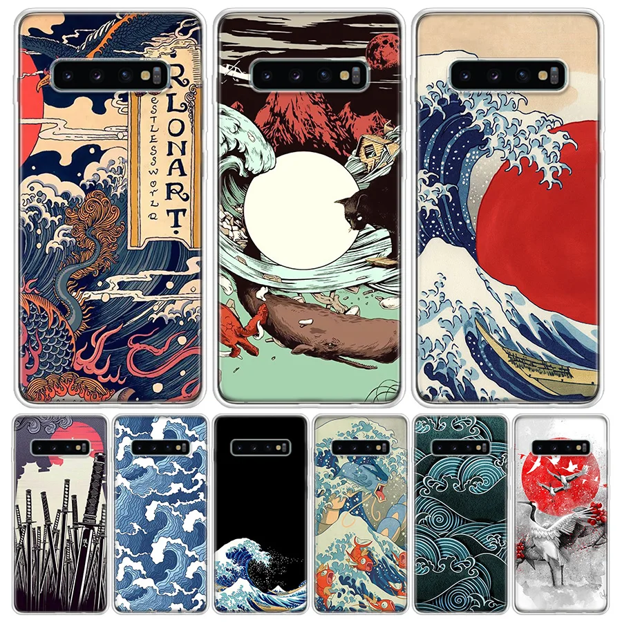 hot wave art japanese green illust phone case for samsung galaxy s20 fe s21 s22 ultra s10 lite s9 s8 plus s7 edge j4 art coque free global shipping