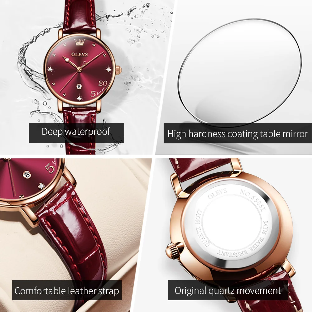 

Olevs leather women's watch bracelet set for women 18 kt gold waterproof fashion simple elegant quartz watch women luxury gift