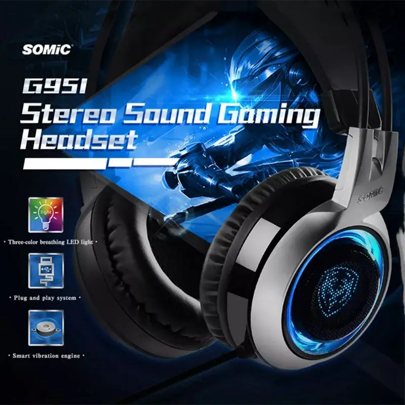 SOMiC G951 USB светодиодный игровой наушник дышащий 3 цвета подсветка бас стерео гарнитура с микрофоном для ПК PS4 геймер