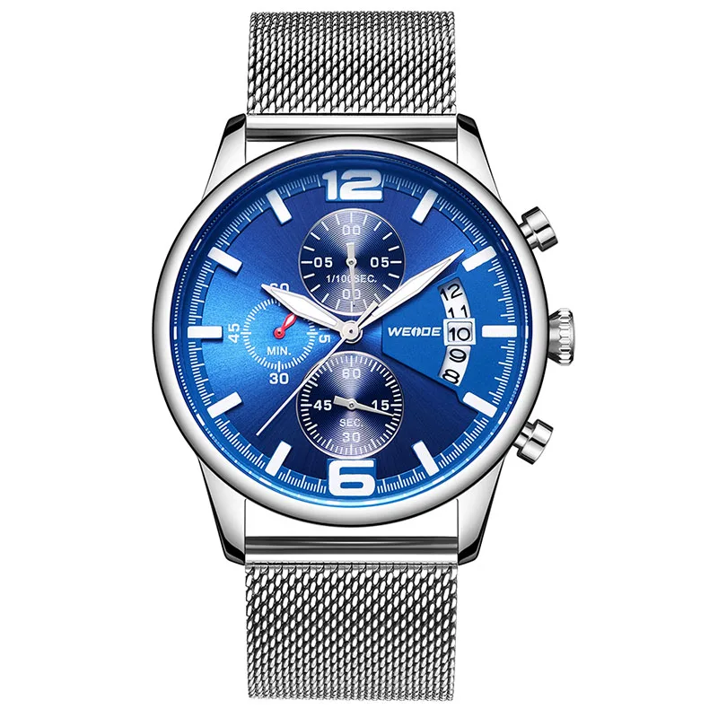 Silver Blue Relogio Masculino Лидирующий бренд WEIDE мужские роскошные модные кварцевые часы водонепроницаемые мужские часы спортивные наручные часы с хронографом мужские часы - Цвет: Silver Blue