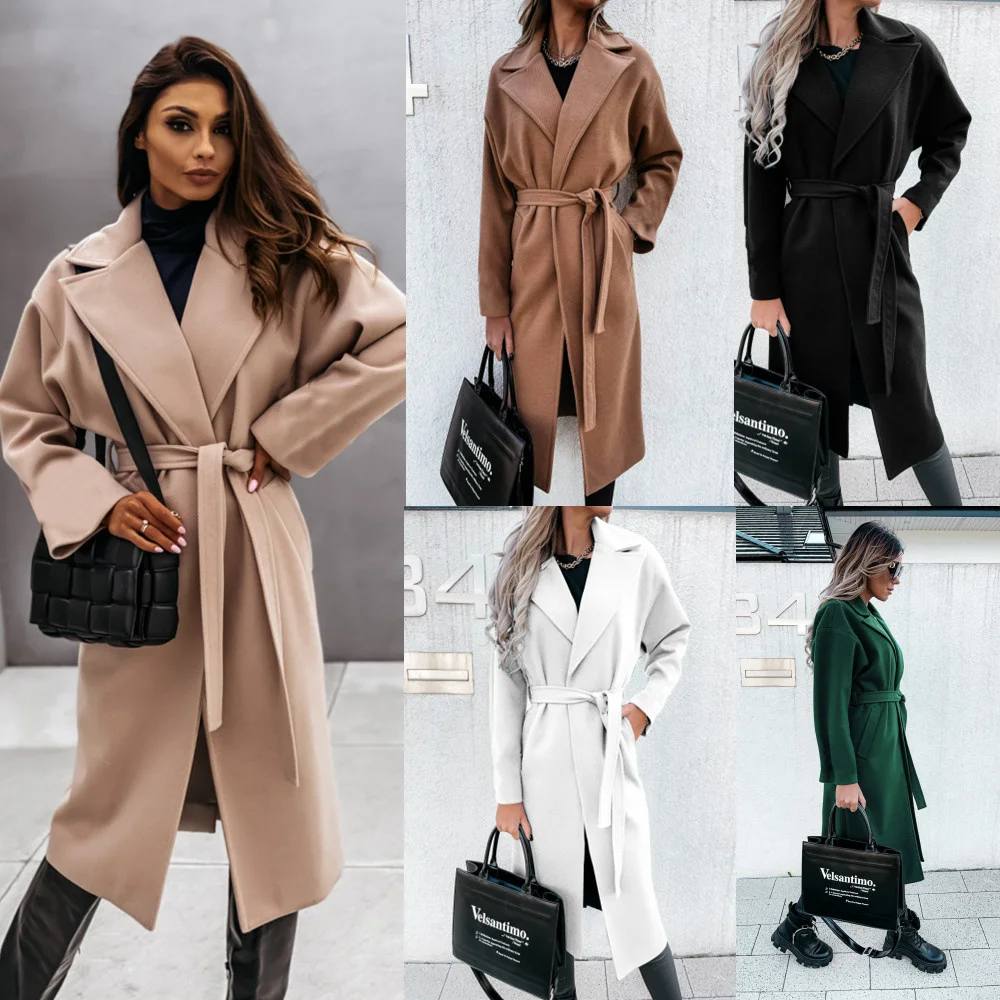

2021autumn and Winter Long Sleeved Suit Collar Lace Up Nizi Coat Women