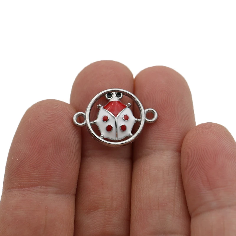 

10PCS Silver Plated Enamel Ladybug Charm Connector for Making Bracelet DIY Findings Jewelry Accessories 15x22mm