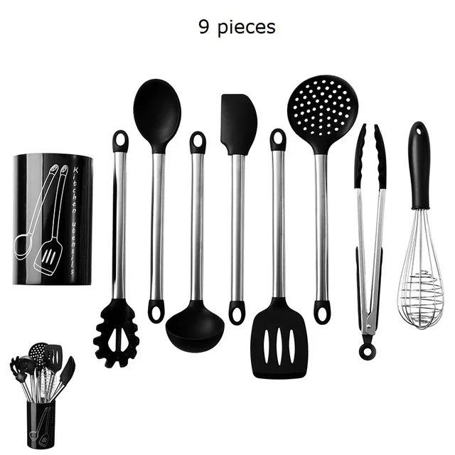Black 9PCS-B Новая силиконовая ложка для приготовления пищи из нержавеющей стали, ковш для супа, лопатка для яиц, кухонные инструменты, набор посуды для приготовления пищи, красный, черный - Цвет: Black 9PCS-B
