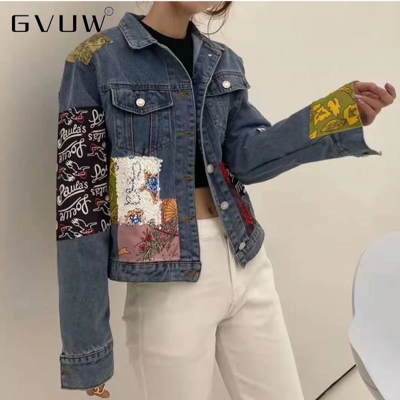 

Женский топ GVUW, коллекция осени 2021 года, модное пальто из искусственной джинсовой кожи, куртка большого размера, джинсы с бахромой для женщи...