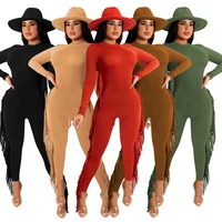 casual women jumpsuit tassel solid color skinny fitness sporty long romper women jumpsuit outfit