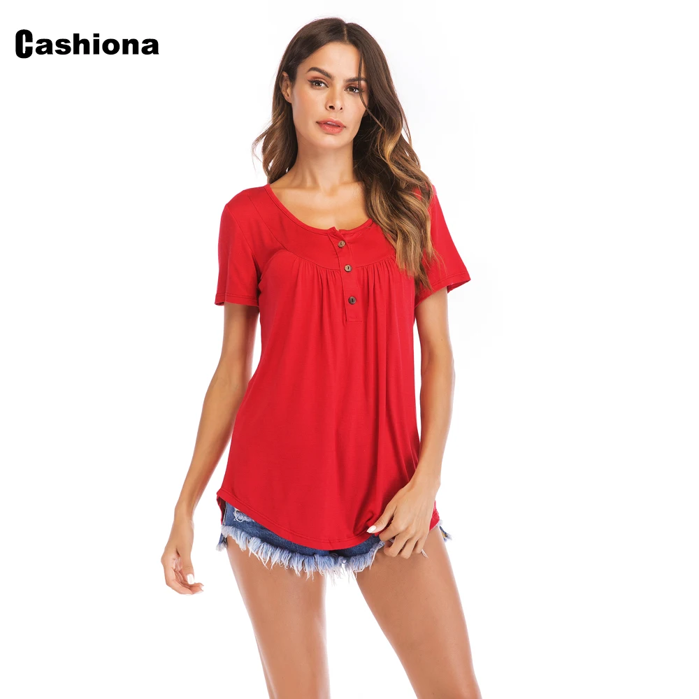 Women Elegant Leisure Casual T-shirt Single-Breasted Red Green Tees Plus size Femme the Top Pullovers 2021 Summer Pleated Tshirt