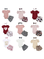 newborn baby girl clothes set summer solid color short sleeve romper flower shorts headband 3pcs outfit new born infant clothing