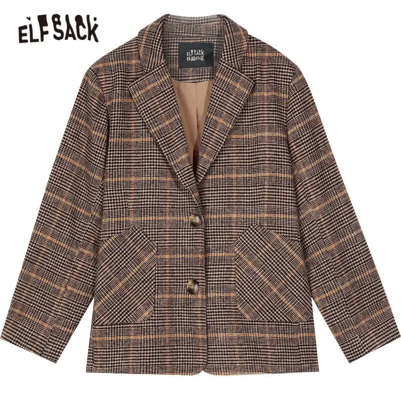 

ELFSACK Brown Plaid British Single Breasted Straight Wool Coats Women,2020 Autumn New Korean Casual Ladies Warmness Outwear