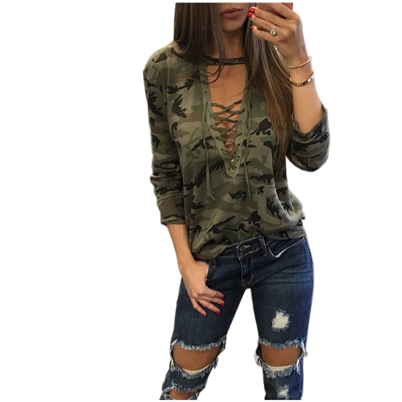 Женская футболка с камуфляжным принтом длинным рукавом тонкая модная v-образный