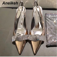 aneikeh new summer fashion womens pumps sexy crystal butterfly knot stiletto shoes ladies party pointed end shallow pumps 41 42