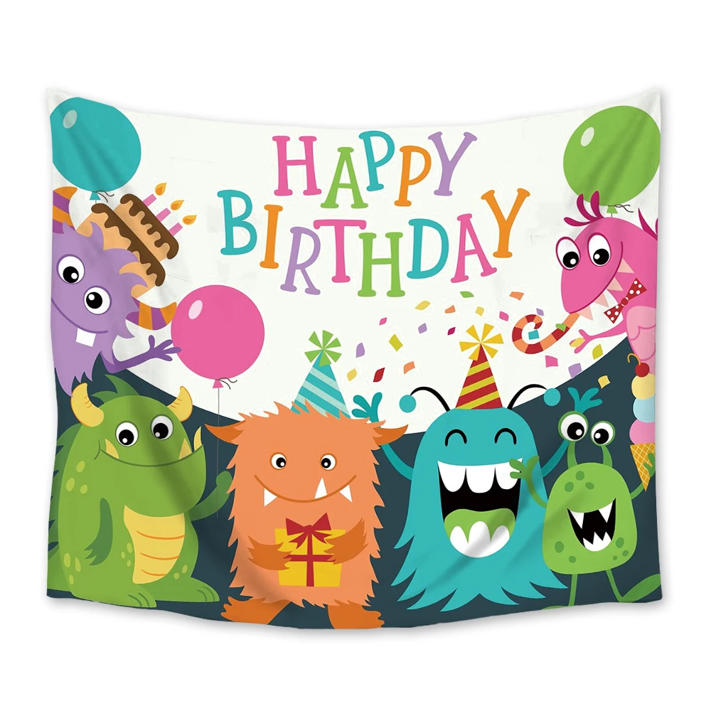 

Cartoon Monsters Happy Birthday Mandala Polyester Tapestry Wall Hanging Carpet Throw Yoga Mat for Home Bedroom Decoration
