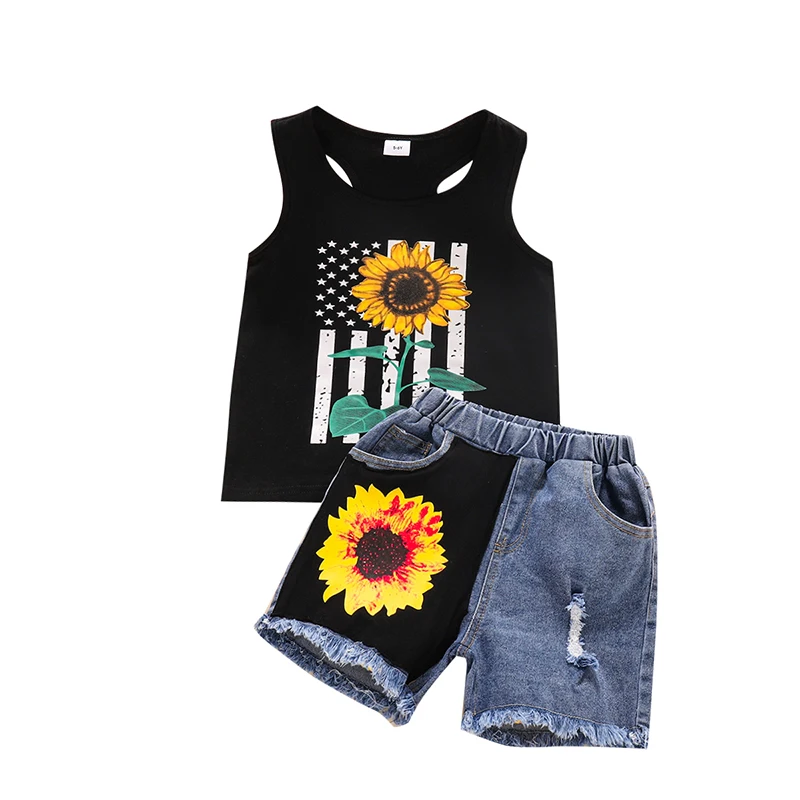 

Комплект из 2 предметов Lioraitiin 2021-04-27, летняя одежда для маленьких девочек от 1 до 6 лет, жилет без рукавов, топ с цветочным принтом, джинсовые шо...