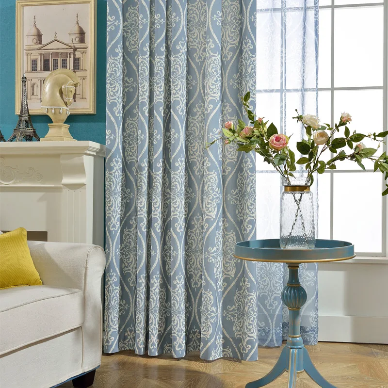 

Boutique Blue Curtains for Living Room Bedroom Study Nordic Polyester Cotton Printing Environmental Protection Curtains Tulle