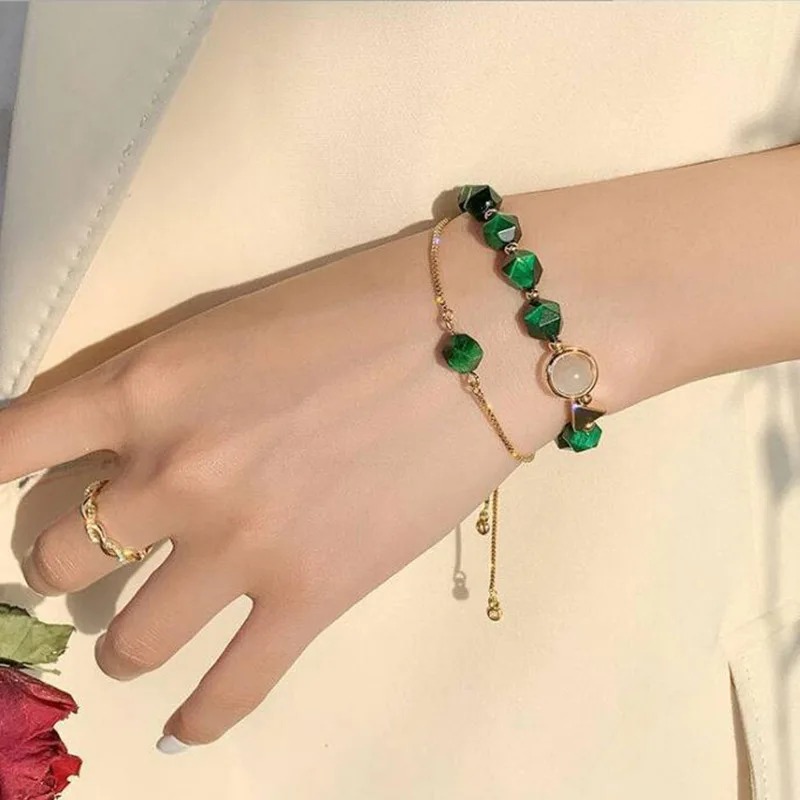 

2021 2pcs/set New Korean Light Luxury Green Gem Stone Adjustable Bracelet for Women Girls Female Simple Personality Niche Design