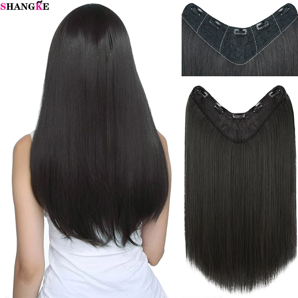 SHANGKE-Extensión de cabello sintético, pelo largo y liso con punta en V, resistente al calor, postizo ondulado de fibra de alta temperatura