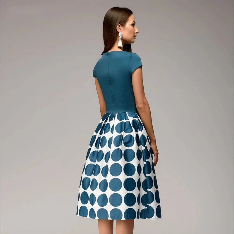 

Vintage Women Wave Point Dress Hot Sale Short Sleeve Patchwork A-line Short Dress Casual Women Vestidos 2019 Summer Autumn