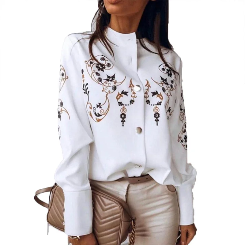 

Print Long Sleeve Stand Collar Women Shirt Button Single Breasted Office Lady Shirts 2021 Spring Casual Vintage Chic Female Tops