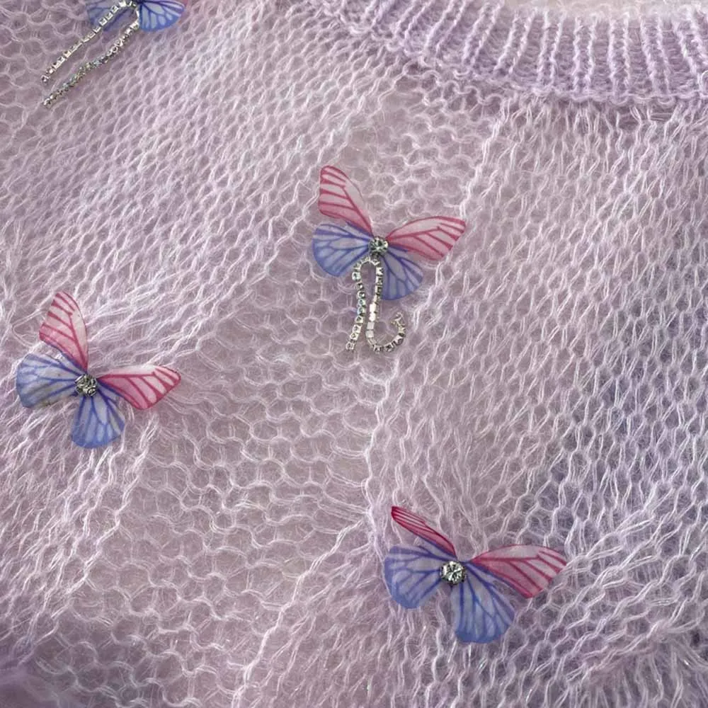 Женский вязаный свитер с бусинами и цветами Свободный пуловер синего