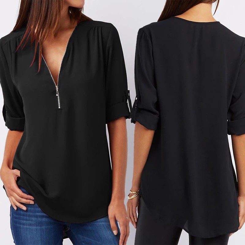 Women Chiffon V-Neck Blouse Summer Autumn Casual Half Sleeve Solid Tops Loose Zipper Bluses Shirts Plus Size