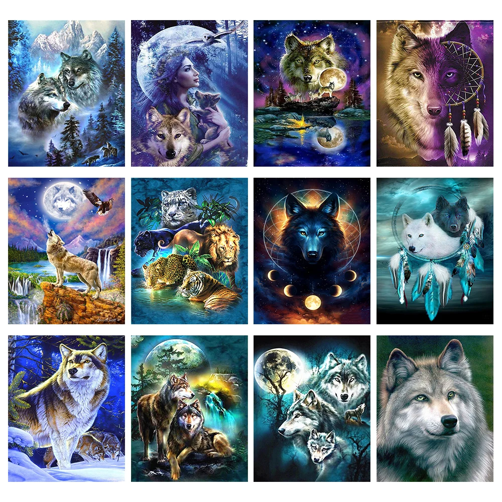 Алмазная 5D живопись сделай сам полноформатная круглая вышивка цветная луна волк