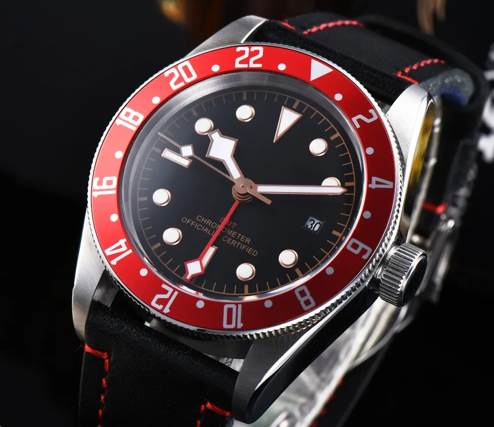 Corgeut 41 мм стерильные GMT часы черный циферблат Bay красный ободок окно даты автоматические мужские часы