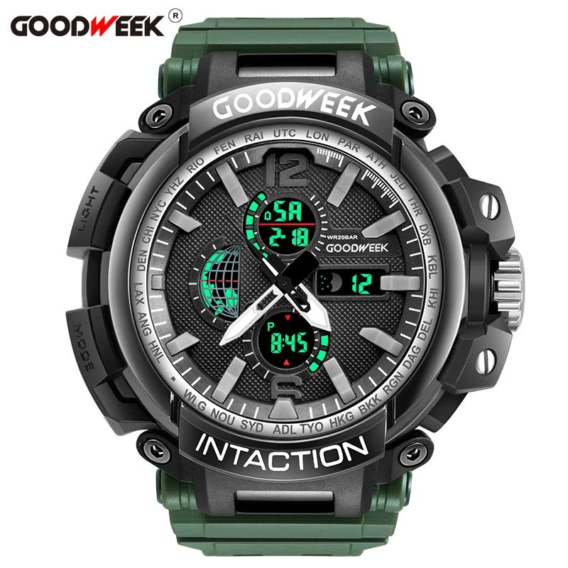 army green GOODWEEK мужские спортивные часы аналоговые цифровые часы Quartyz Водонепроницаемые многофункциональные часы с двойным дисплеем хронограф Reloj Hombre - Цвет: army green