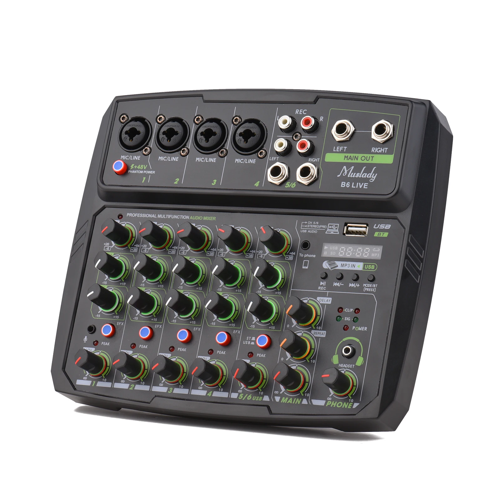 

4 / 6-Channel Audio Mixer Mixing Console LED Screen Built-in Soundcard BT Connection with 2-band EQ Gain Delay Control