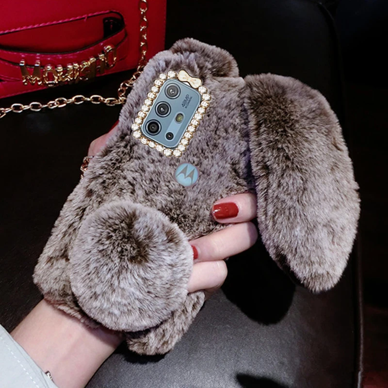 rabbit back silicone cover for motolora moto g10 power play g50 g20 stylus 2021 g51 5g g30 g9 plus fluffy fur cover phone case free global shipping